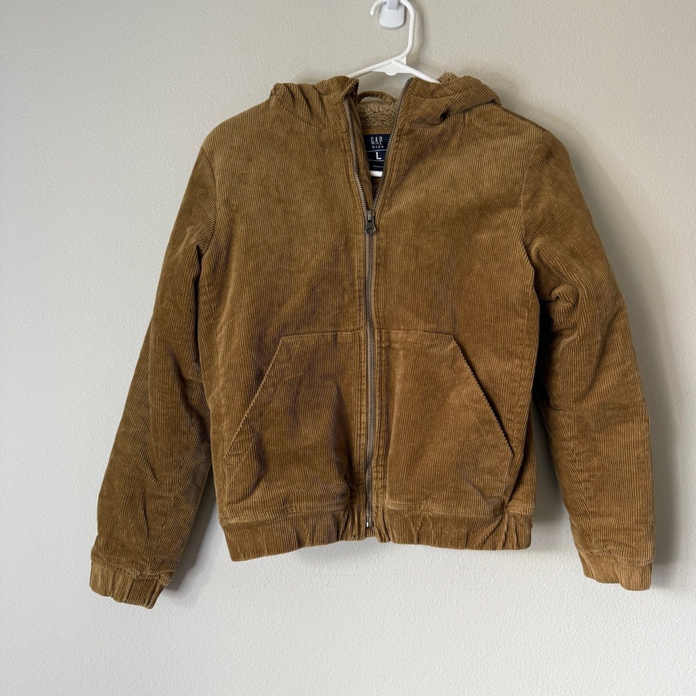 Gap Kids Boys Tan Brown Corduroy Sherpa Lined Hooded Jacket Size L 10-11